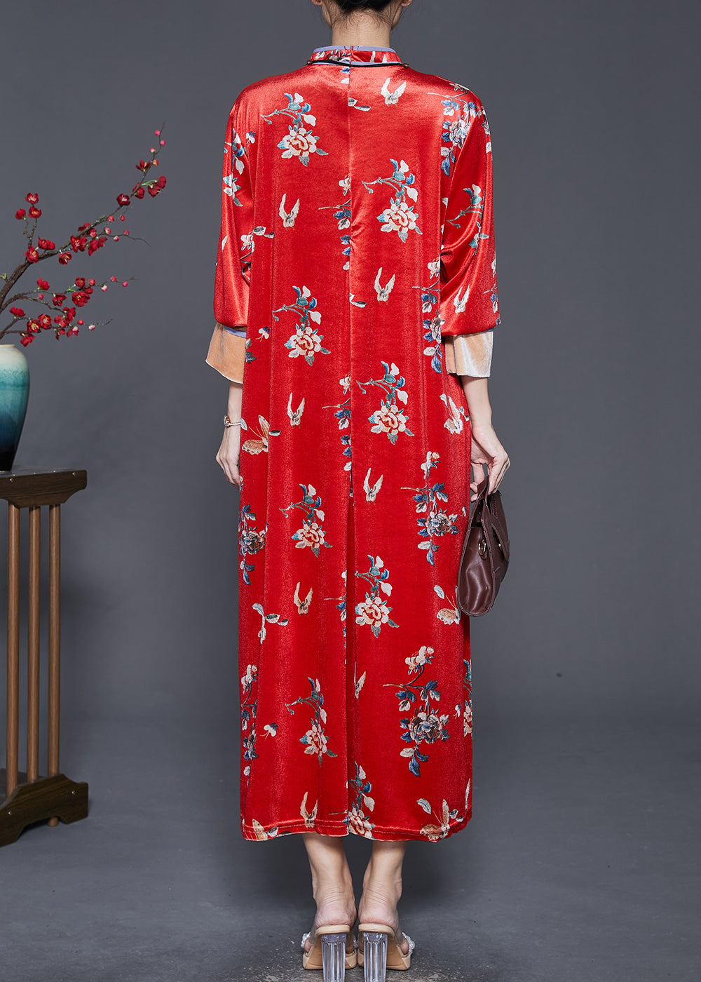 Mulberry Print Silk Velour Chinese Style Dresses Spring