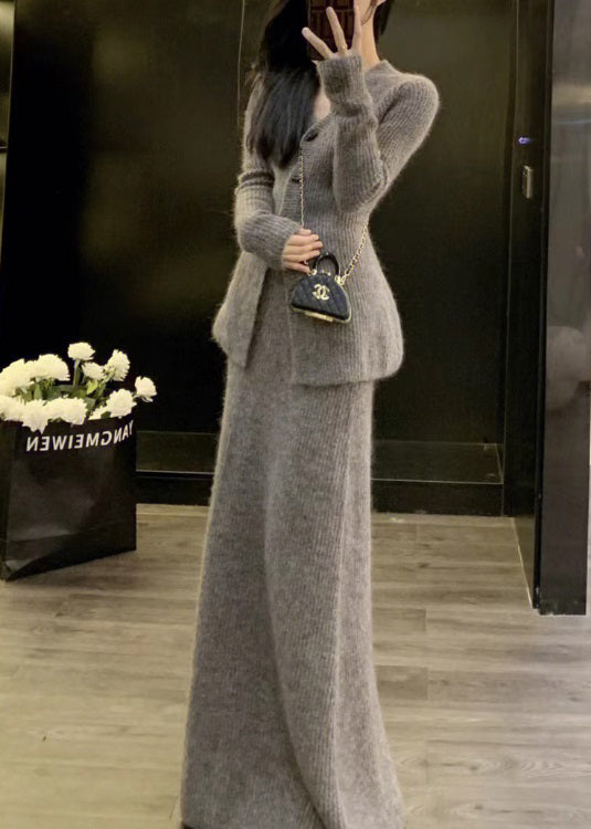Slim Fit Grey V Neck Patchwork Knit Two Piece Set Clothing Fall
