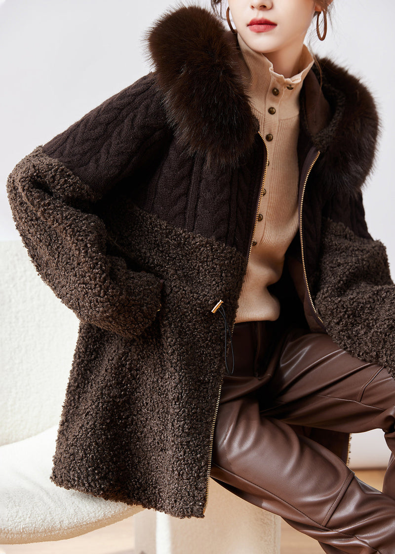 New Coffee Knitted Patchwork Faux Fur Thick Hooded Coats Winter