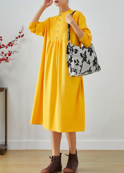 Yellow Stand Collar Patchwork Button Knit Sweater Dress Fall