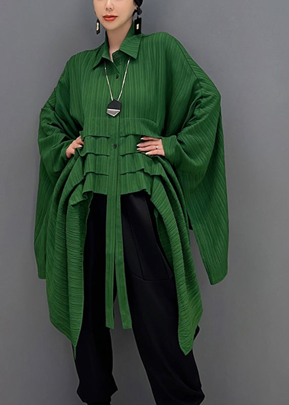 Green Peter Pan Collar Asymmetrical Low High Design Button Shirt Long Sleeve