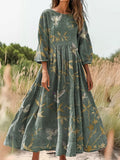 Women's Vintage Floral Art Print Flowy Crew Neck Cotton Pocket Dress