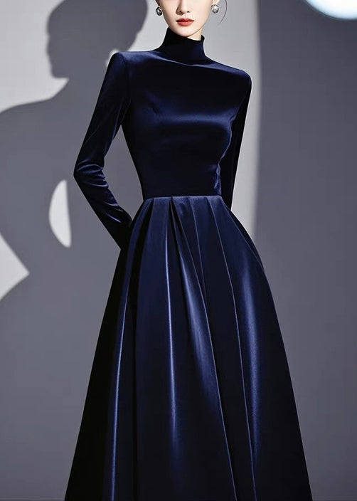 Slim Fit Navy Turtleneck High Waist Silk Velvet Dresses Fall