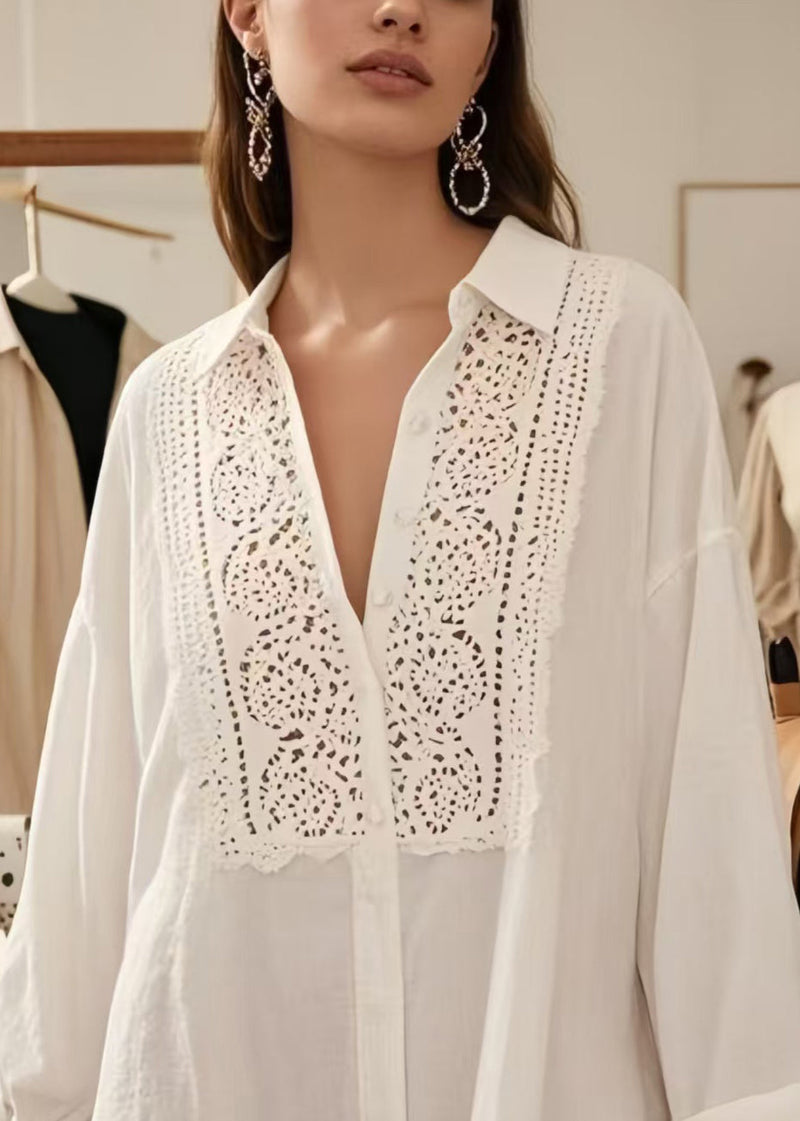 White V Neck Hollow Out Cotton Shirts Spring