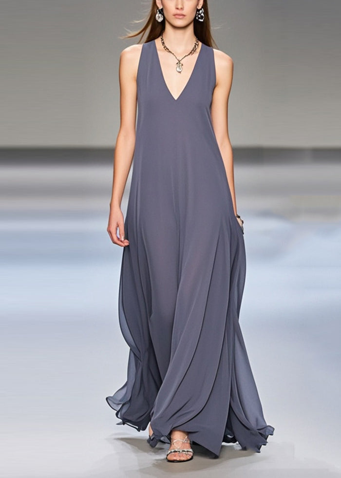 Grey Exra Large Hem Draping Chiffon Long Dresses Sleeveless Summer