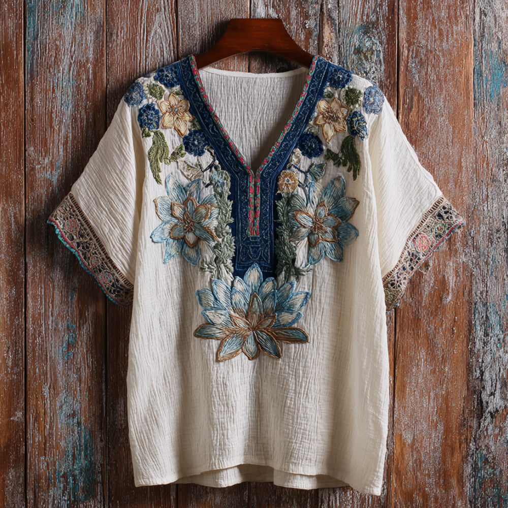 Bohemian-style Tie-dye Lotus Pattern Loose Retro Short-sleeved V-neck Top artswardrobe