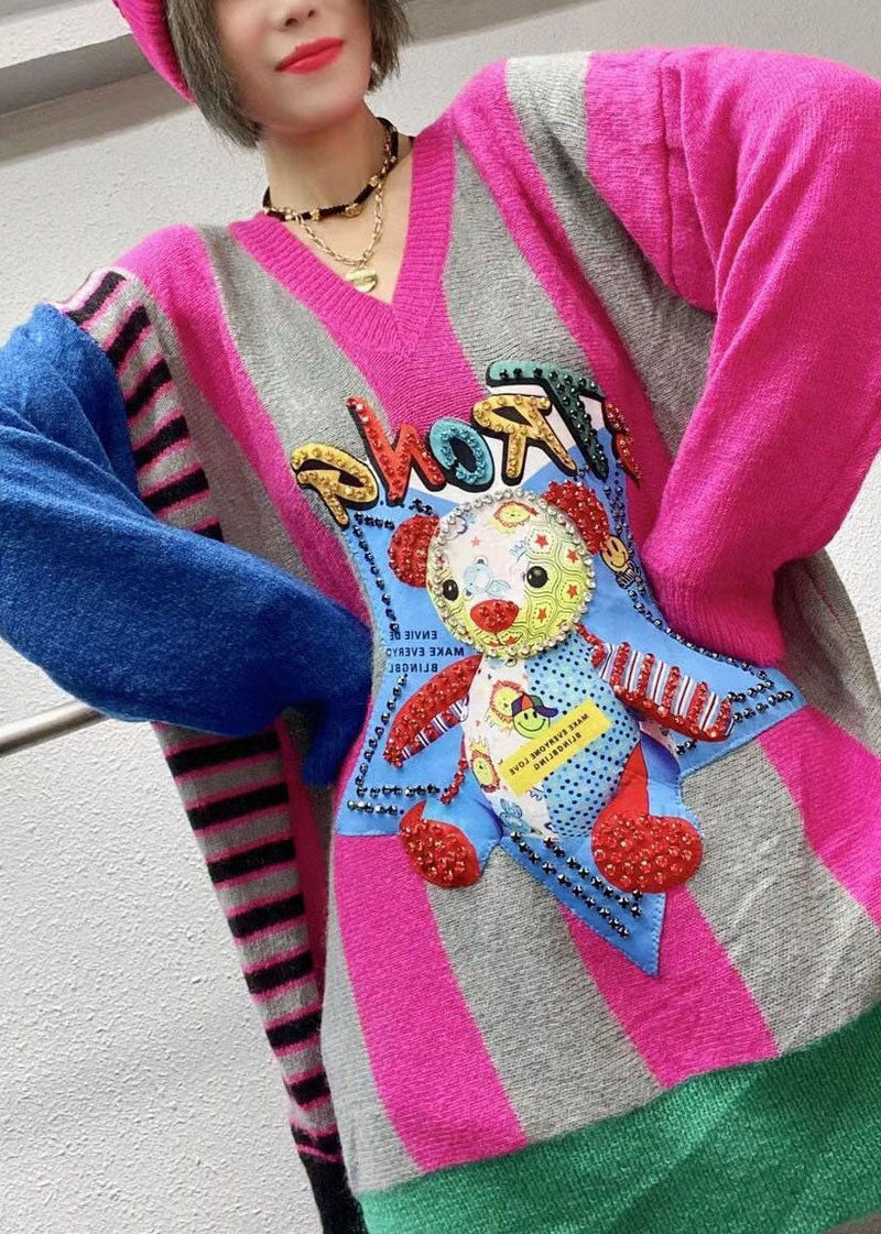 Rose Loose V Neck Print Fall Character Knitwear Coat