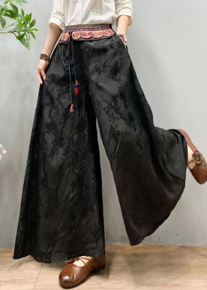 Black Embroidered Patchwork Silk Wide Leg Pants Spring