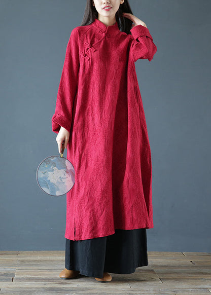 Red Stand Collar Jacquard Wrinkled Cotton Dress Cheongsam Spring