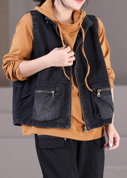 Diy Black Stand Collar Drawstring Patchwork Zippered Denim Coat Fall