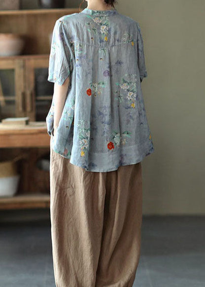 Blue Stand Collar Print Tops Half Sleeve