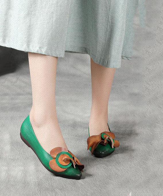 Green Splicing Cowhide Leather Flat Shoes Pointed Toe
