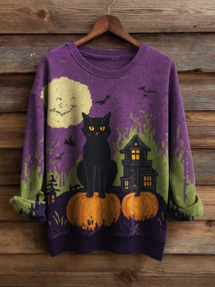 Comstylish Women's Halloween Cat Print Casual Sweatshirt