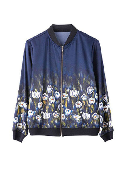 Stylish Blue Stand Collar Zip Up Print Silk Jackets Fall