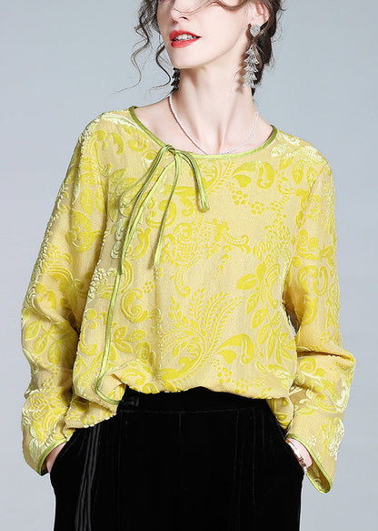 Yellow O-neck Lace Up Silk Velour Tops Fall