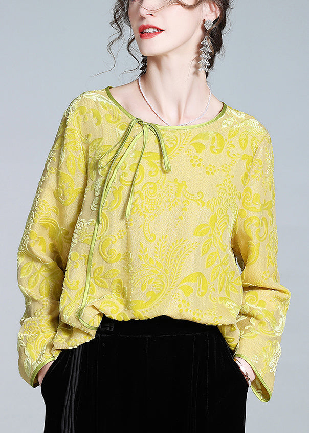 Yellow O-neck Lace Up Silk Velour Tops Fall