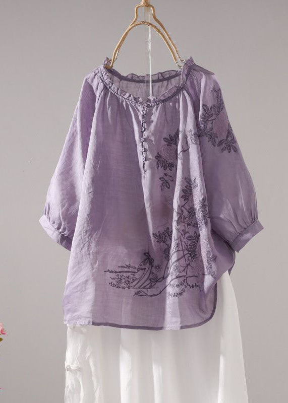 Purple Embroideried Patchwork Linen T Shirt Top Summer