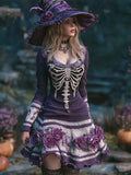 Comstylish Halloween Skeleton Floral Art Women's Knit A-line Mini Dress