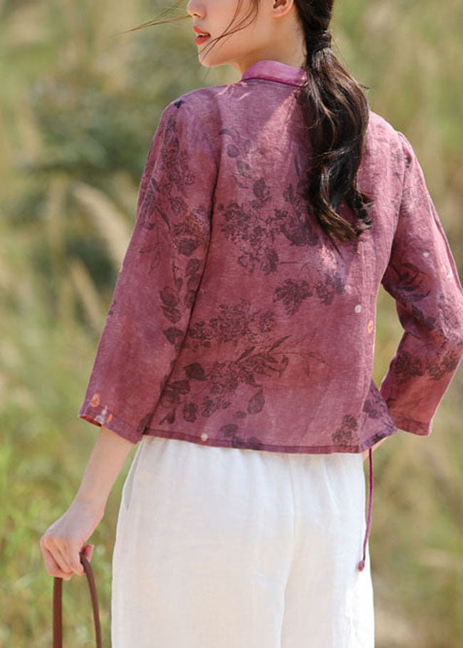Purple Red Embroideried Tie Waist V Neck Patchwork Linen Tops Spring