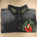 Comstylish Forest Fox & Fern Embroidered Washed Denim Blouse