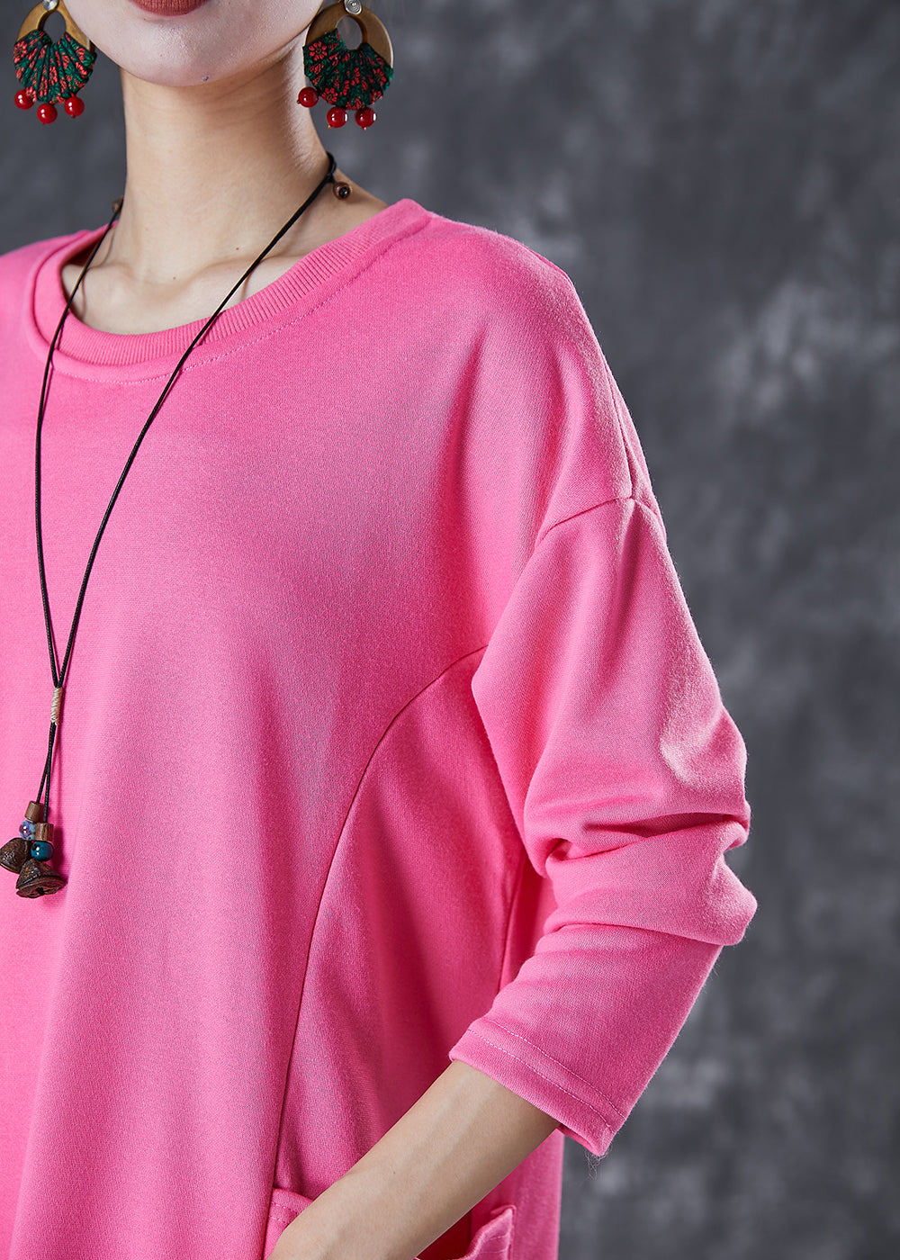 Pink Oversized Pockets Cotton Long Dress Fall