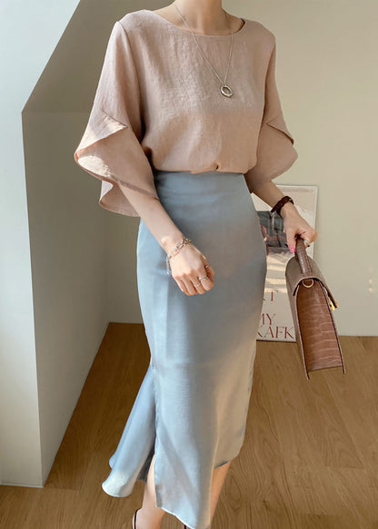 Khaki O-neck Slim Fit Linen Shirt Top Butterfly Sleeve