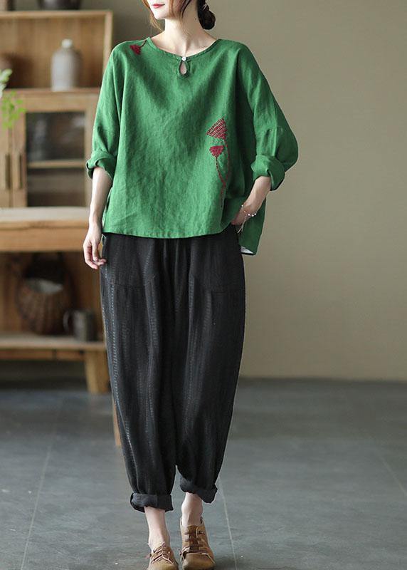 Green Loose Embroideried Fall Linen Shirt Tops Long Sleeve