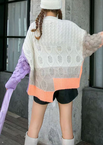 Purple Loose Patchwork Fall Coat Sweater