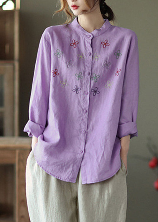Purple Stand Collar Embroideried Linen Shirt Long Sleeve