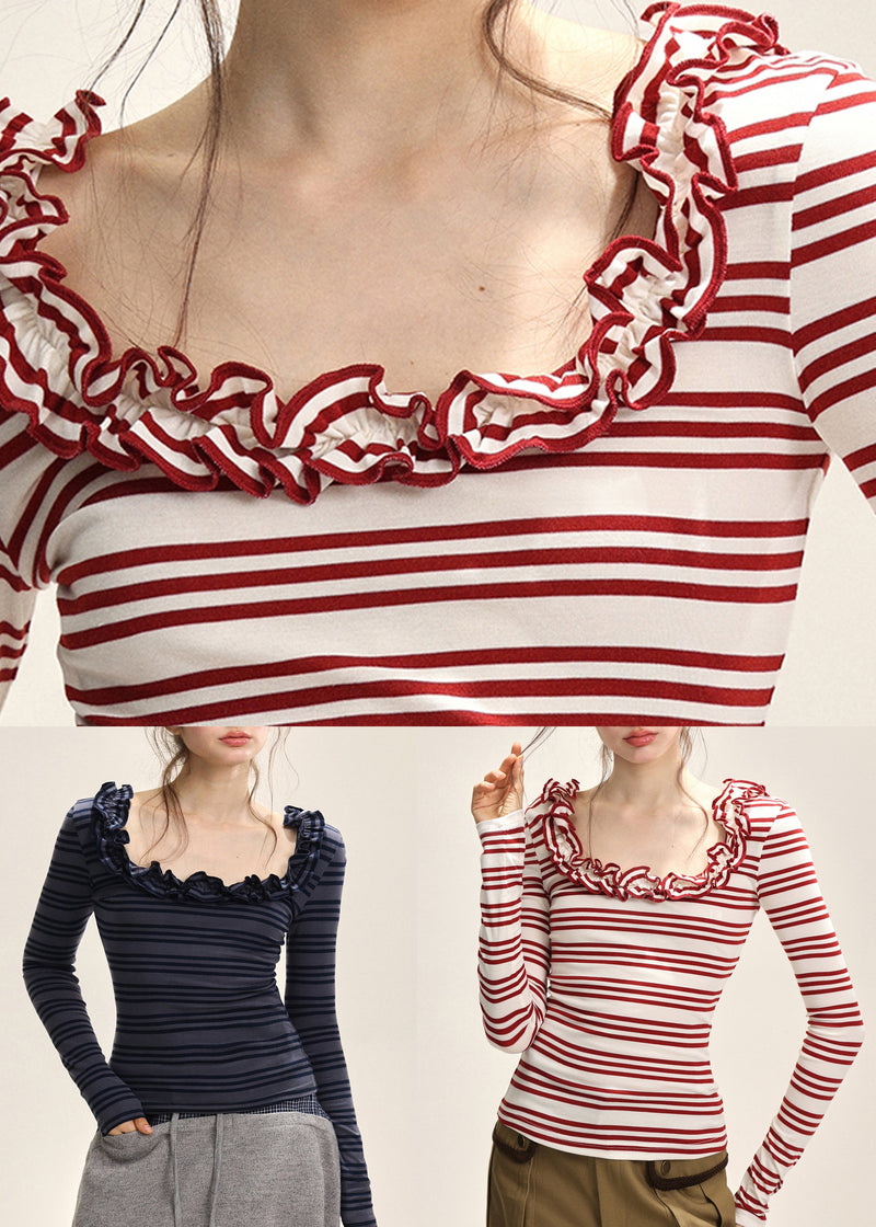 Slim Fit Red White Striped U Neck Top Fall