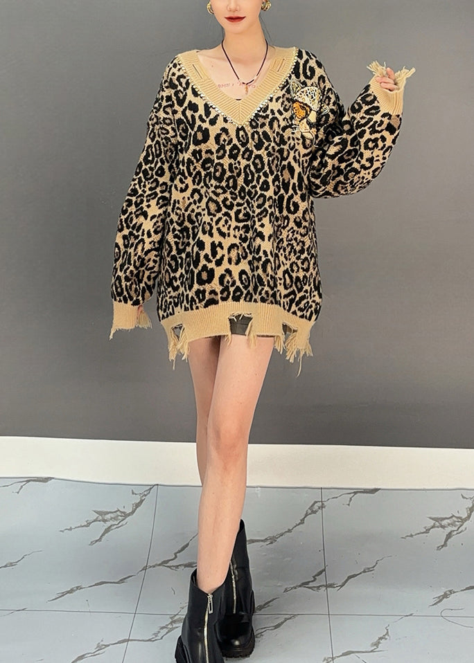 Leopard V Neck Thick Print Hollow Out Cotton Knit Sweaters Winter