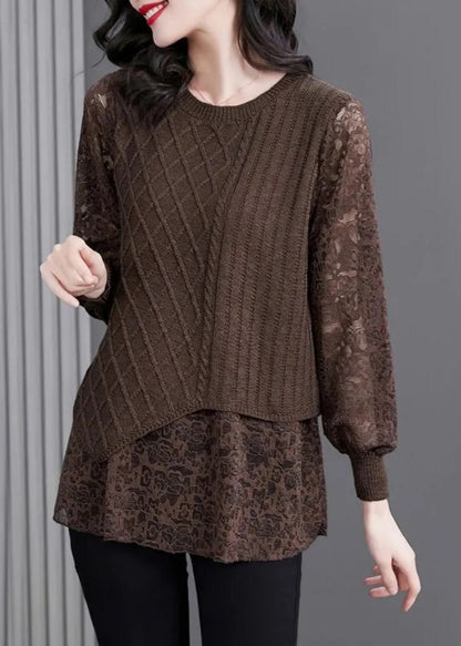 Coffee O-neck Knit Patchwork Fake Two Pieces Top Fall