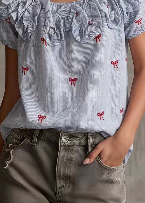 Boutique Blue Cold Shoulder Butterfly Cotton Tops Summer