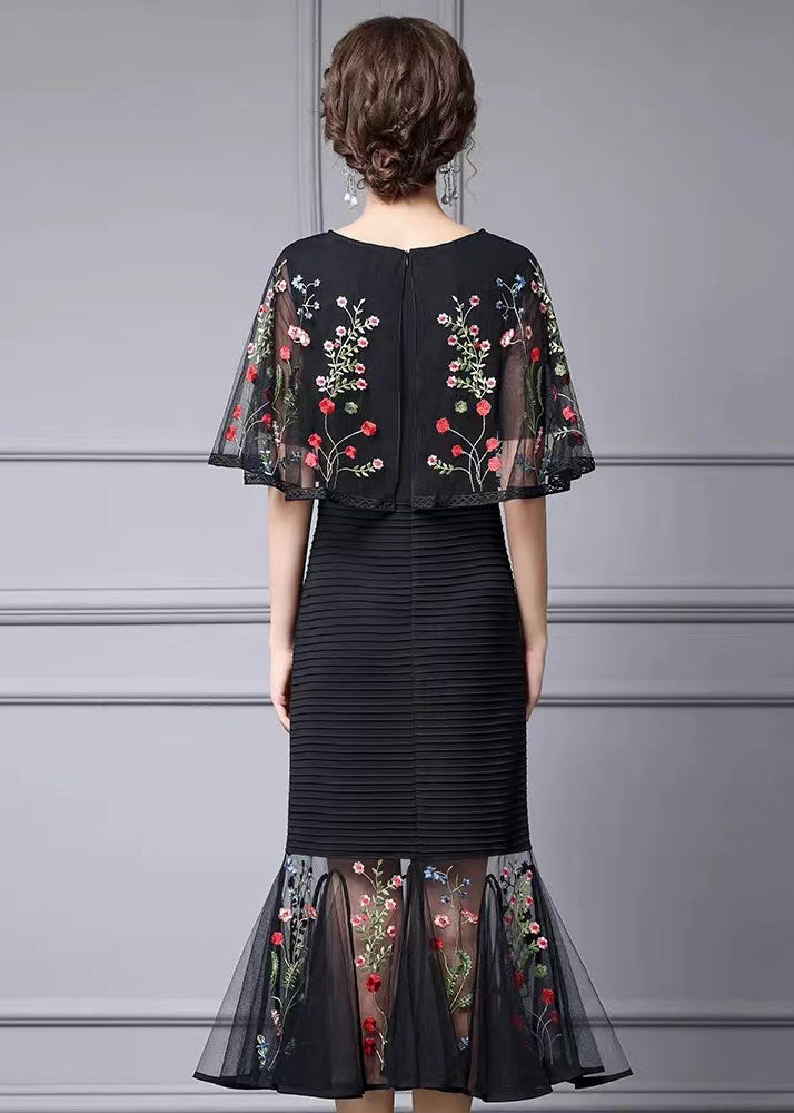 Fine Black Cape Style Dresses Multicolor Embroidered Summer