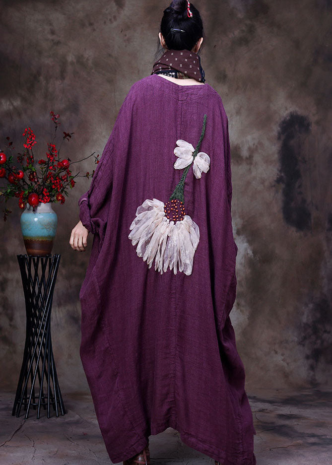 Purple V Neck Linen Coat Outwear Long Sleeve