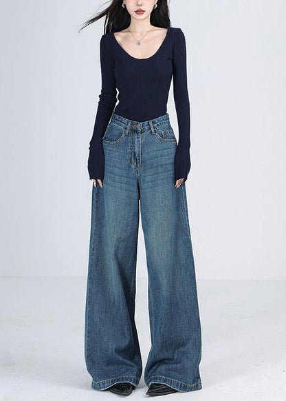 Blue Pockets High Waist Denim Wide Leg Pants Spring