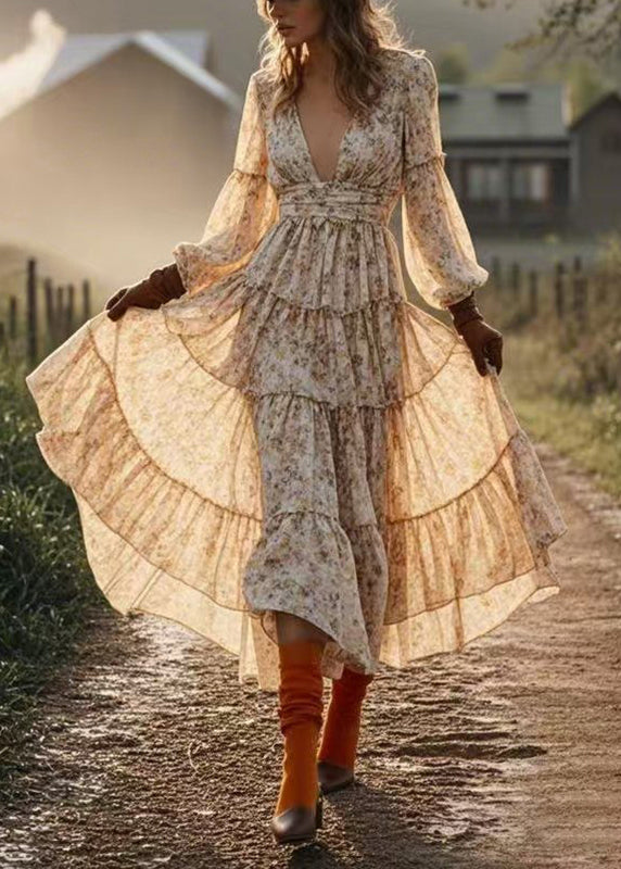 Yellow Print Patchwork Chiffon Maxi Dresses Spring