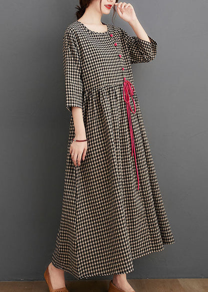 Black Plaid Pockets Linen Vacation Dresses Wrinkled Three Quarter Sleeve