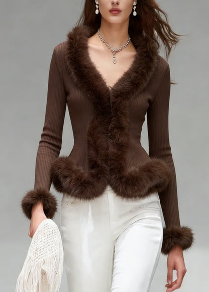 Brown V Neck Fuzzy Fur Patchwork Knit Top Spring