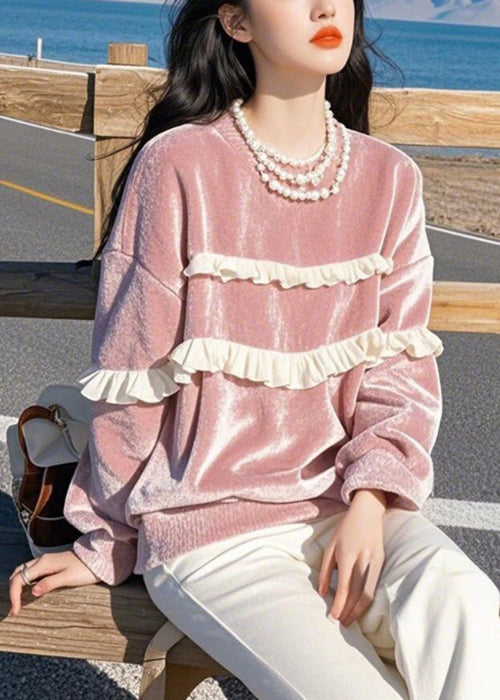 Loose Pink O-neck Ruffled Silk Velour T Shirts Winter