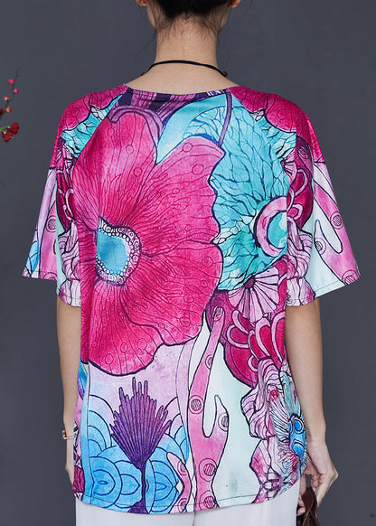 Rose Oversized Print Silk Blouse Top Summer