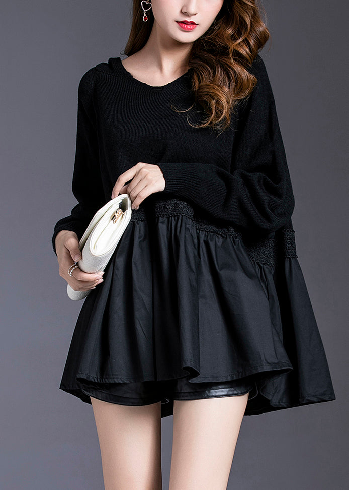 Black Hooded Patchwork Knit Pullover Spring