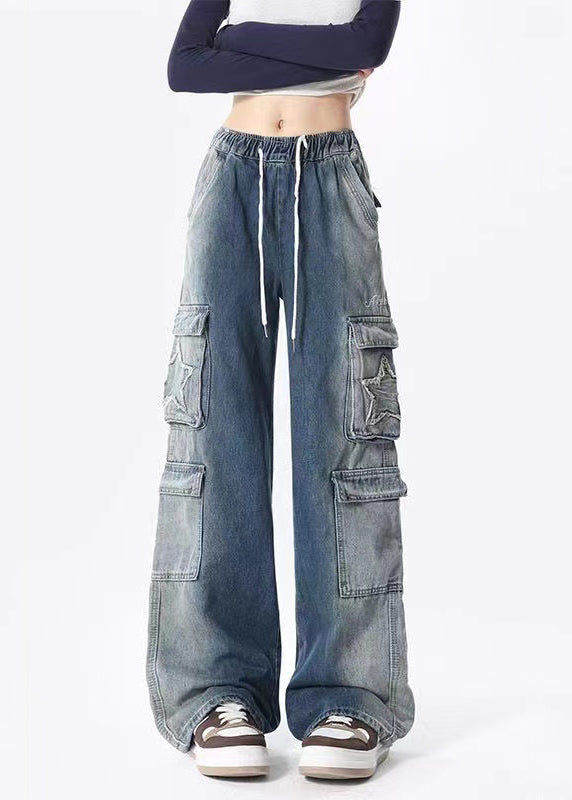 Blue Gradient Pockets Drawstring Elastic Waist Denim Pants Spring