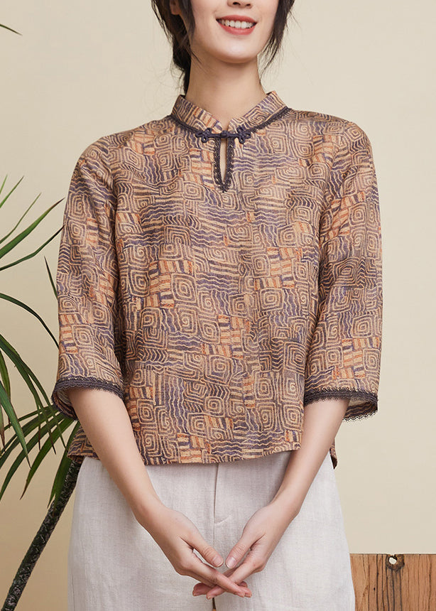 Chinese Style Khaki Stand Collar Print Linen Tops Half Sleeve