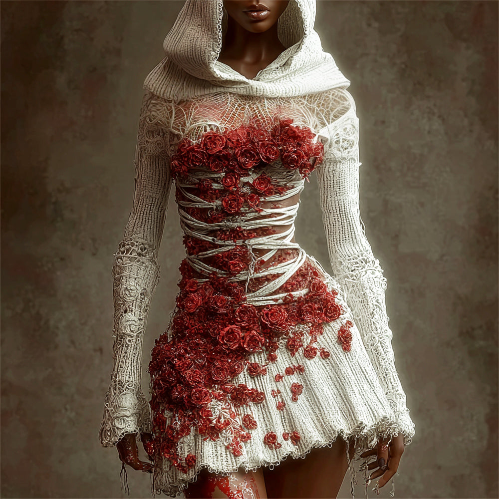 Halloween Bandage & Floral Art Women's Knit Hooded Mini Dress artswardrobe