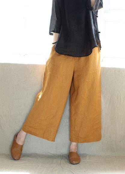 French Spring Pants Yellow Design Elastic Waist Pockets Wild Pants