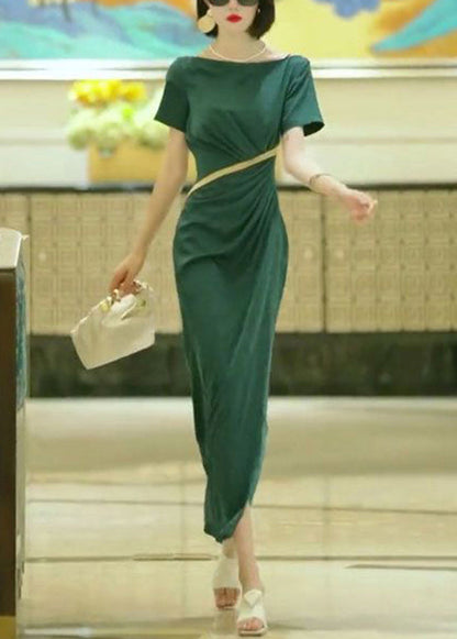 Green Slash Neck Slim Fit Cotton Dress Summer