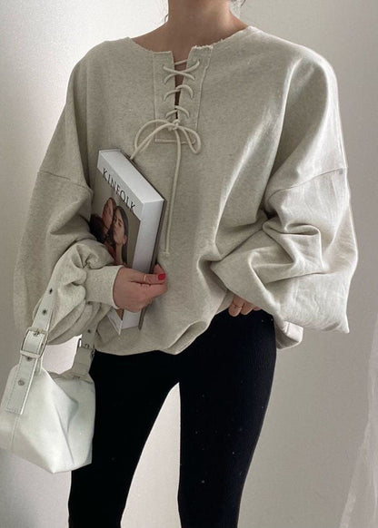 Grey O Neck Patchwork Cotton Top Lantern Sleeve