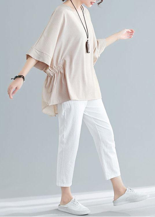 Unique Beige Batwing Sleeve Cotton Summer Shirt Tops