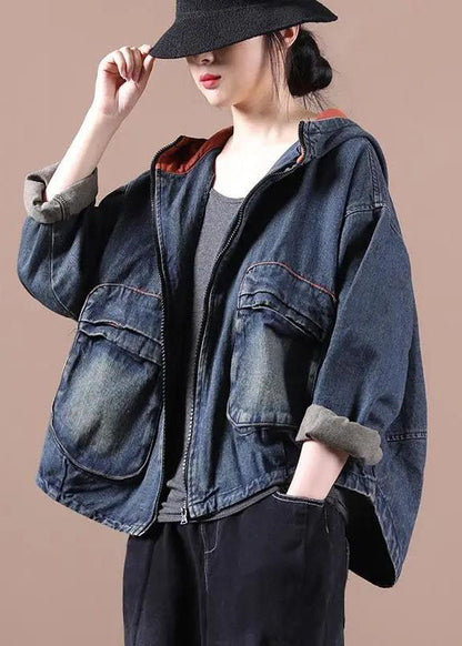 Blue Hooded Pockets Zippered Fall Denim Coat Long Sleeve